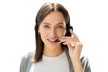 Female customer support operator with headset and smiling on a transparent background