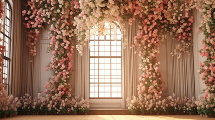 Fototapeta na wymiar Flower backdrop design in indoor wedding.