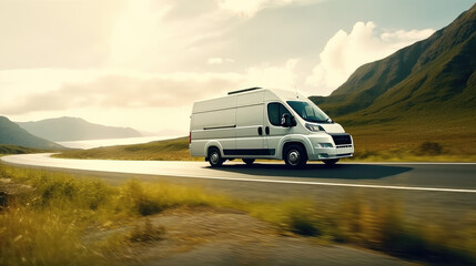 Fototapeta na wymiar Fast moving cargo car on road, Boxer panel van on Motorway, Distribution products.