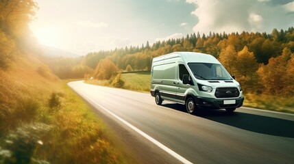 Free Delivery Van transports goods from internet store to home, Modern transportation service, Logistics, Logistics Business. - obrazy, fototapety, plakaty