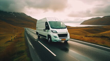 Fototapeta premium Modern transportation service with a white van on the road, Delivery, Logistics.