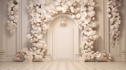 Realistic 3D render backdrop wedding with flower bouquet and blowing white curtain, Beauty backdrops wedding.