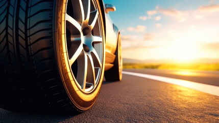 Tires on the asphalt road, Low angle side view of car driving fast at sunset. - obrazy, fototapety, plakaty