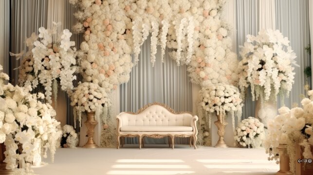 Realistic 3D render backdrop wedding with flower bouquet and blowing white curtain, Beauty backdrops wedding.