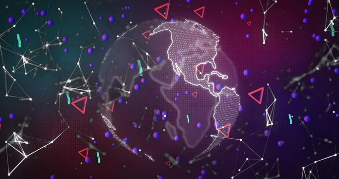 Animation of 3d shapes and globe over networks of connections on dark background