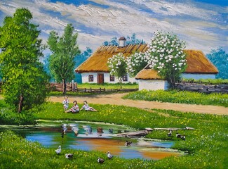 Oil paintings rural landscape with a pond and a house, artwork, fine art. Old village, house on the lake - 615713024