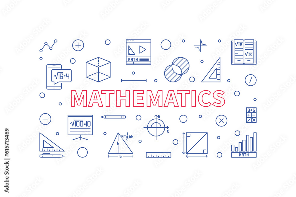 Poster mathematics vector outline horizontal banner. math science linear illustration
