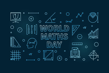 Fototapeta na wymiar World Maths Day concept vector outline horizontal blue banner - Math illustration