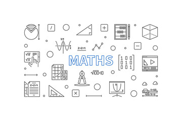 Maths vector concept outline horizontal banner. Mathematics illustration