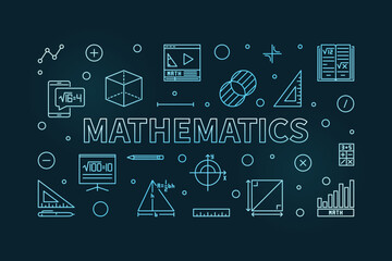 Fototapeta na wymiar Mathematics vector thin line horizontal blue modern banner - Math Science outline illustration