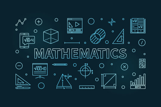 Mathematics vector thin line horizontal blue modern banner - Math Science outline illustration