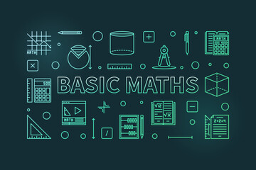 Basic Maths concept vector thin line horizontal colored banner. Math illustration