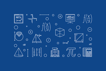 Back to School vector thin line horizontal blue banner. Science minimal illustration