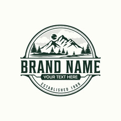 Mountain travel or Adventure, Vintage summer camp badge logo, tourism, hiking, forest camp and emblem style logo
