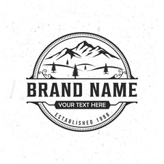 Mountain travel or Adventure, Vintage summer camp badge logo, tourism, hiking, forest camp and emblem style logo
