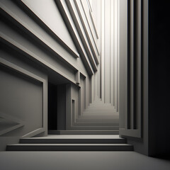Obraz premium A surreal scene of abstract minimalism—a stark staircase leading up to a grand, unidentifiable building. Its curved lines and clean angles draw the eye, inviting exploration of the unknown.