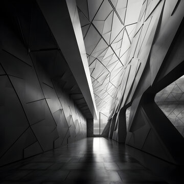 A starkly modern hallway of abstract architecture is captured in this black and white photo. Minimal and geometric, its composition creates an intriguing sense of depth.