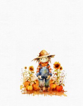 Watercolor Drawing Of A Garden Scarecrow In An Orange Suit With Sunflowers On A White Background