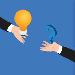 Businessman hand holding question mark with other reply with light bulb 3d vector illustration concept for banner, website, illustration, landing page, flyer, etc