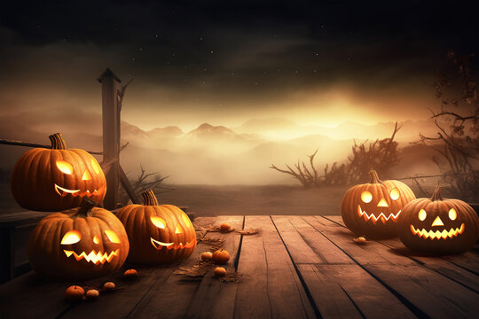 Halloween pumpkins on a wooden table at night landckape