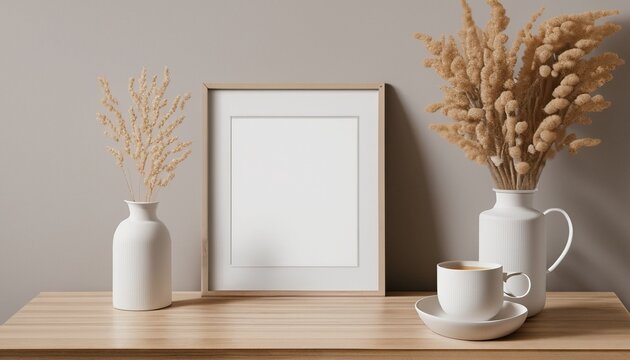 Neutral home still life. Decorative boho interior. Vase with bouquet of dry plants, grass on wooden table. Blank picture frame mockup hanging on wall. White cup of coffee or tea.