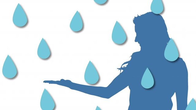 Animation of rain drops falling over blue woman's silhouette