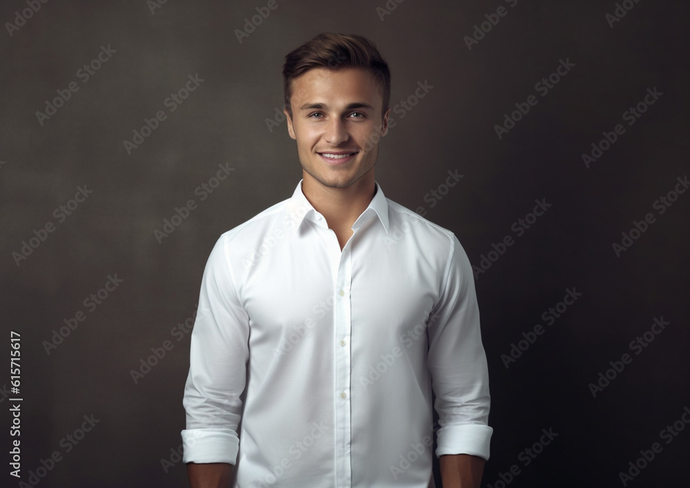 Wall mural a young man in a white shirt posing in front of gray backgrounds with Generative AI