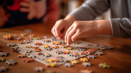 Little child putting a puzzle together at home.Created with Generative AI technology.