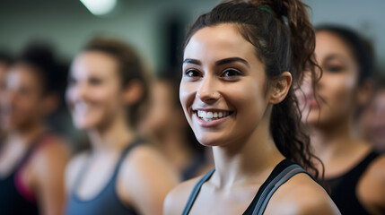 Fototapeta premium Group of young people doing sports, training at gym indoors. Created with Generative AI technology.