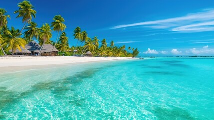 Tropical paradise Beach With Crystal-clear turquoise. Paradise Found Stunning Seascape of a Tranquil Beach with Crystal-clear Water and Palm Trees. Generative ai.