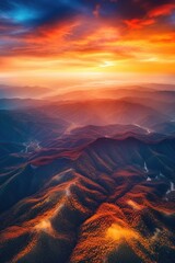 Fototapeta na wymiar Stunning Aerial View of a vibrant mountain. Golden hour landscape. Generative ai.