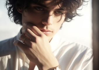 Fototapeta premium man with dark hair posing with hand with Generative AI