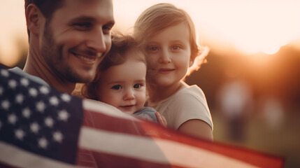 Happy family celebrating fourth july Independence Day with american flag.Created with Generative AI technology.