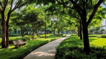 Serene park in the heart of the city with lush green. Generative ai.