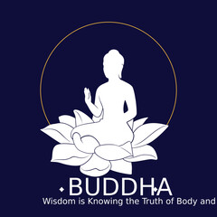 Buddha Statue on Lotus with Blessing Hands, silhouette vector, blue and white