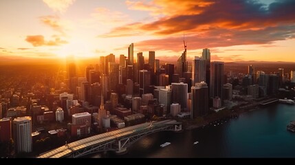 Stunning Aerial View of a vibrant city. Golden hour landscape. Generative ai.