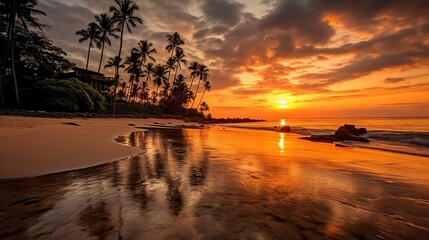 Serene Beach Sunset. Beautiful tropical beach with palm trees silhouettes at dusk. Generative ai.