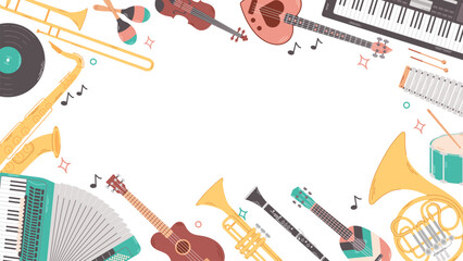 Background of colorful various musical instruments with place for text useful to use for events, promo banner, sales. Strings, percussion, wind musics instrument. Flat cartoon vector illustration.