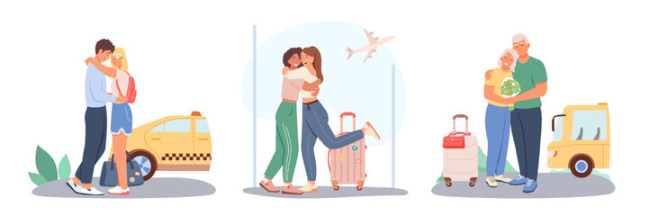 Set of tourists waiting for taxi outside. Happy couple hugging near car. Female friends meet in airport after long trip. Adult man meet female near bus station. Vector flat illustration