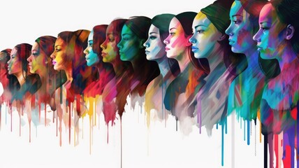 Women's Equality Day art banner poster. Many diverse women of different ages, nationalities and religions come together. - obrazy, fototapety, plakaty
