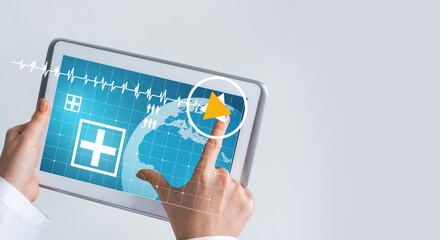 Close of female doctor hands working with tablet pc computer