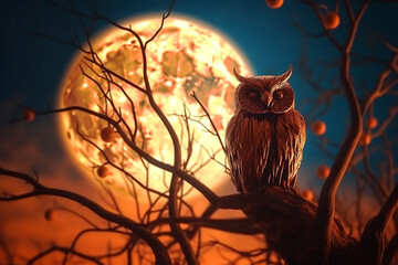 owl sits on the night sky landskape with the full moon