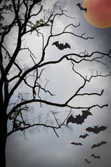happy halloween, halloween night background, Halloween Background, holloween party. Happy halloween card template design. moon, tree, bat.