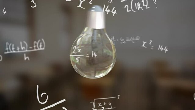 Animation of light bulb and mathematical data processing on grey background