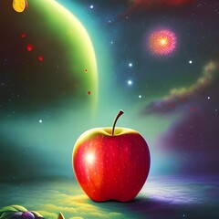 Beautiful red apple with wonderful space background. Generative AI