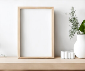 Empty wooden picture frame, poster mockup on wooden table. Minimal plant in vase. Morning concept. Beige wall background. Modern art display, elegant interior.