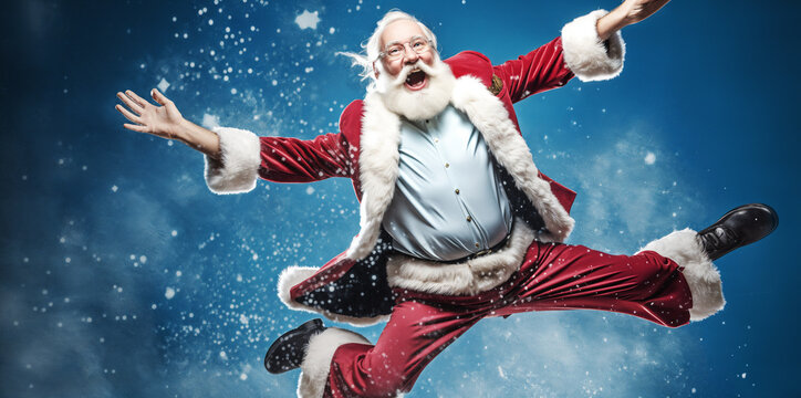 Funny happily excited Santa Claus jumps into the air on blue snowy background. Generative AI