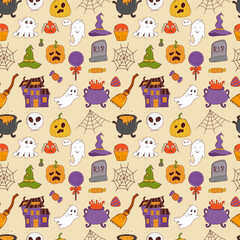 Funny halloween seamless pattern: pumpkin, ghost, witch hat, bat, sweets, spider, broom. Trick or treat concept. Vector illustration in hand drawn style