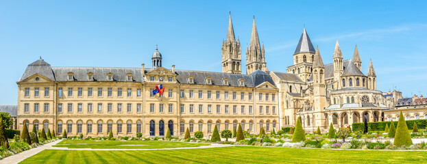 Panoramic view at the City hall with Church of Saint Etienne in the streets of Caen - France