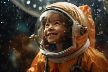 Happy girl in astronaut costume with Generative AI